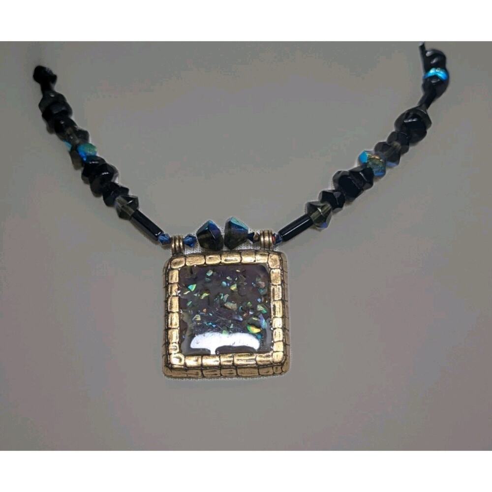 Chico's Gold Tone Iridescent Glass Beads Square Pendant Necklace Vintage